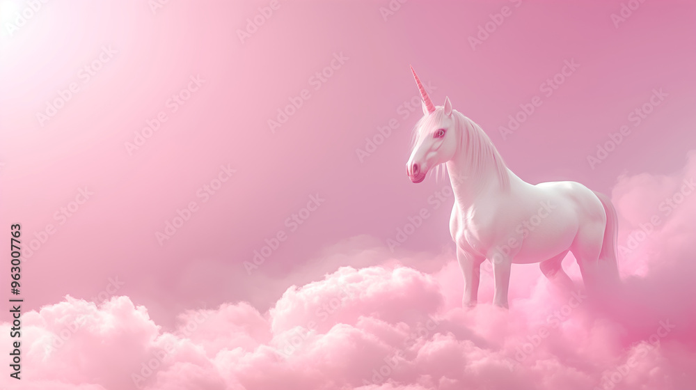 Unicorn on a pink clouds, magical wallpaper. White fantasy horse with a horn, on a dreamy background. Unicorn on a pink clouds, magical wallpaper. White fantasy horse with a horn, on a dreamy background.