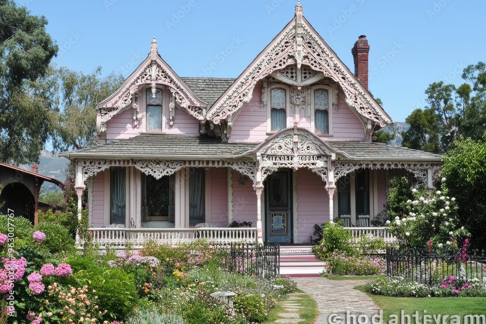 Charming pink Victorian house surrounded by lush gardens. Charming pink Victorian house surrounded by lush gardens.