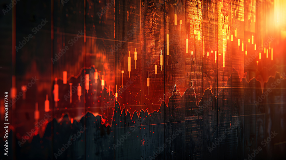 A glowing, orange stock market chart, overlaid on a wooden background. A glowing, orange stock market chart, overlaid on a wooden background.