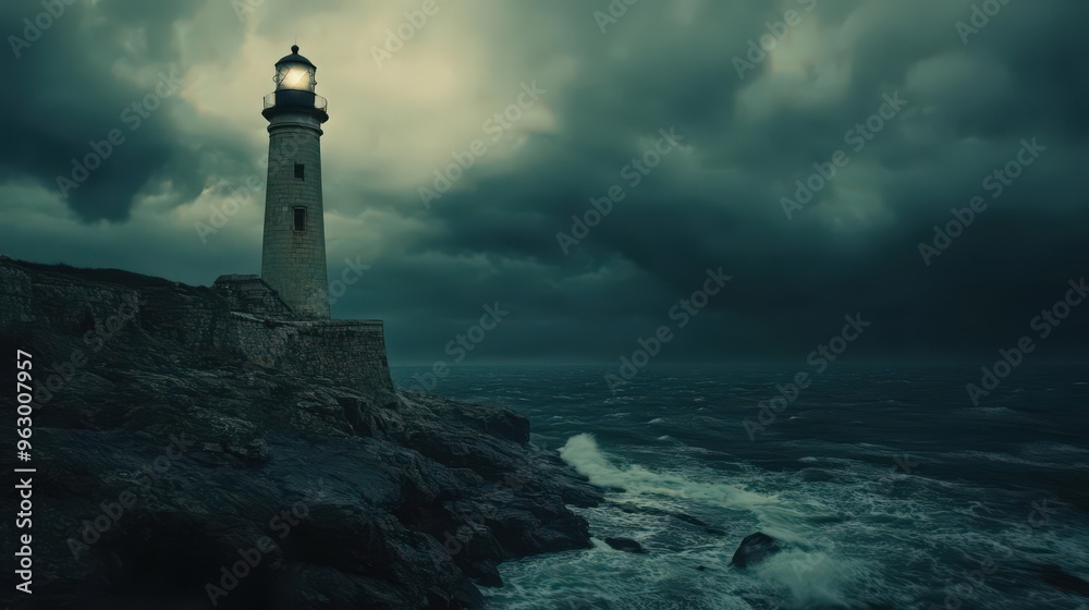 Naklejka premium A lighthouse tower standing tall on a rugged coastline, with its beacon illuminating the dark, stormy sea and guiding ships safely.