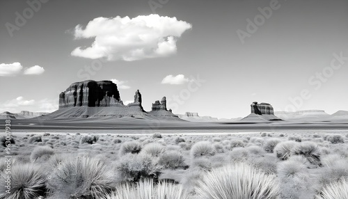 Wallpaper Mural Monument Valley in Black and White: A dramatic landscape of Monument Valley, Arizona, captured in striking black and white. The iconic rock formations stand tall against a cloudy sky, creating a sense Torontodigital.ca