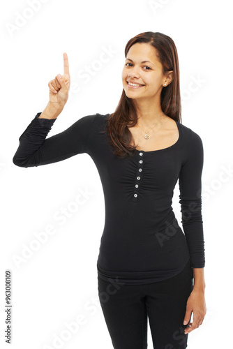 Smile, woman and pointing of portrait in studio for presentation news, advertising and announcement. Happy, person and hand gesture of giveaway information, opportunity direction and white background