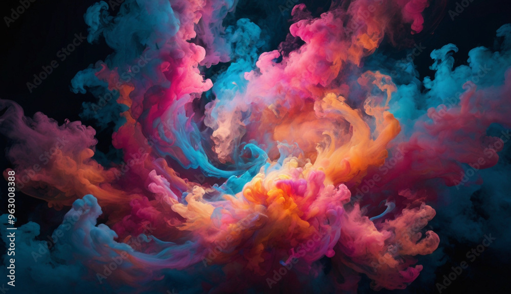Vibrant clouds of colorful smoke in pink, blue, orange, and purple swirl and mix together against a dark background, creating a dynamic and dreamlike effect. Vibrant clouds of colorful smoke in pink, blue, orange, and purple swirl and mix together against a dark background, creating a dynamic and dreamlike effect.