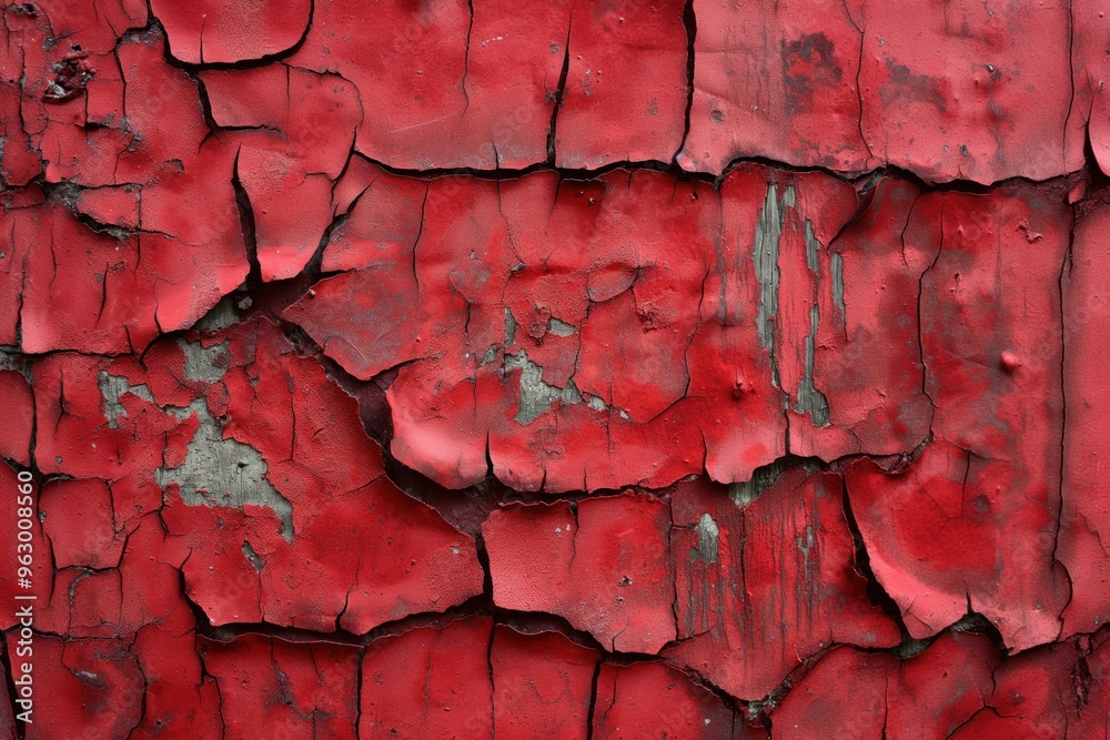 Old red weathered paint surface with cracks and chips. Close-up view of damaged paint on wall or building exterior. Faded color mix of red and gray. Blurred background emphasizes worn-out condition. Old red weathered paint surface with cracks and chips. Close-up view of damaged paint on wall or building exterior. Faded color mix of red and gray. Blurred background emphasizes worn-out condition.
