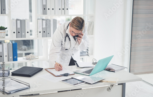 Doctor, woman or phone call for writing or planning schedule booking at hospital for news or help. Agenda paperwork, mobile or medical discussion for advice, healthcare email or consulting at clinic