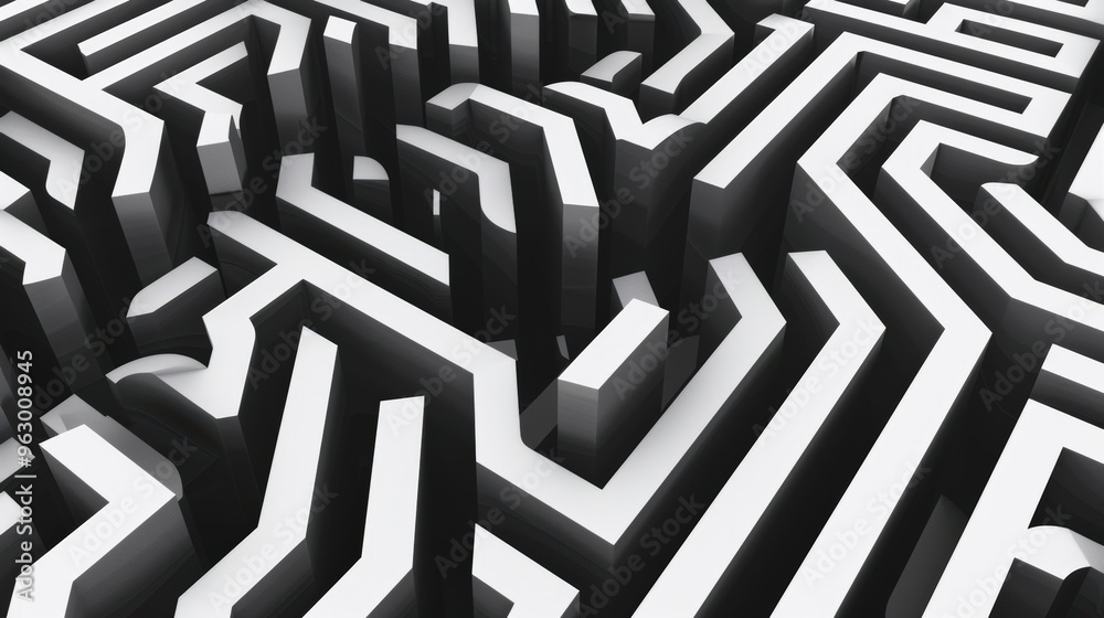 A captivating black and white maze pattern that generates a feeling of mystery and invites exploration in abstract design. A captivating black and white maze pattern that generates a feeling of mystery and invites exploration in abstract design.