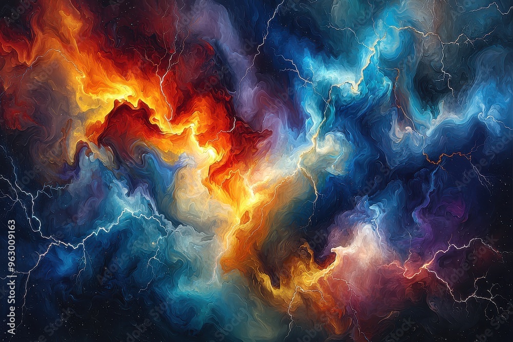 Fototapeta premium Dramatic cosmic storm with fiery explosion and electric lightning