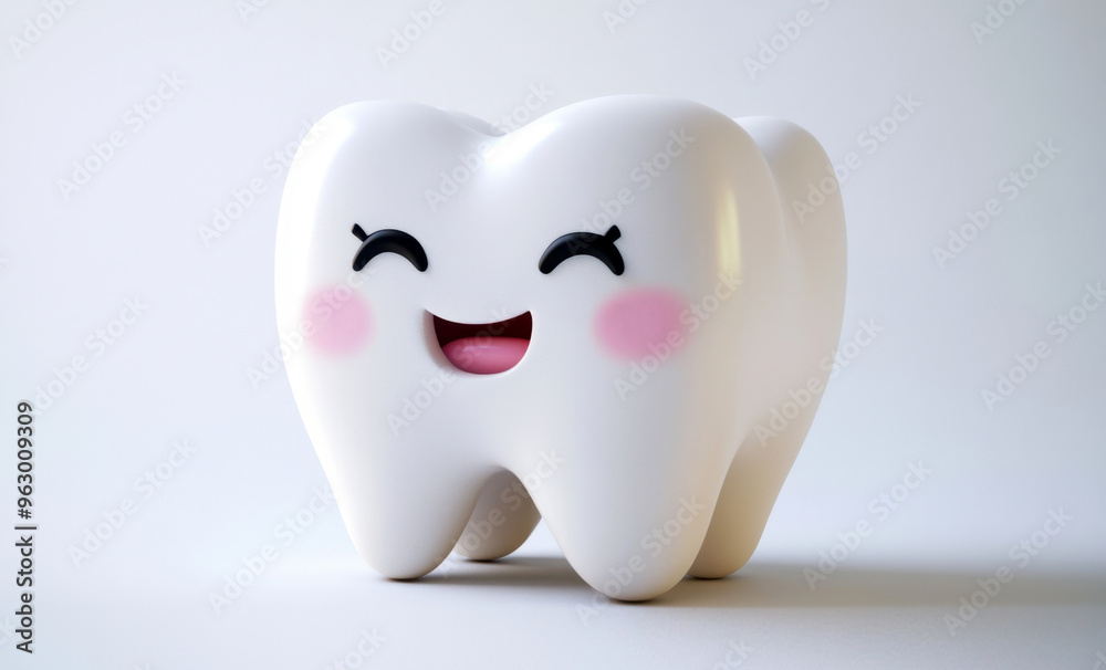 Cute cartoon tooth character with rosy cheeks and a smile, with friends on a soft gradient background. Concept of dental hygiene and care for kids Cute cartoon tooth character with rosy cheeks and a smile, with friends on a soft gradient background. Concept of dental hygiene and care for kids