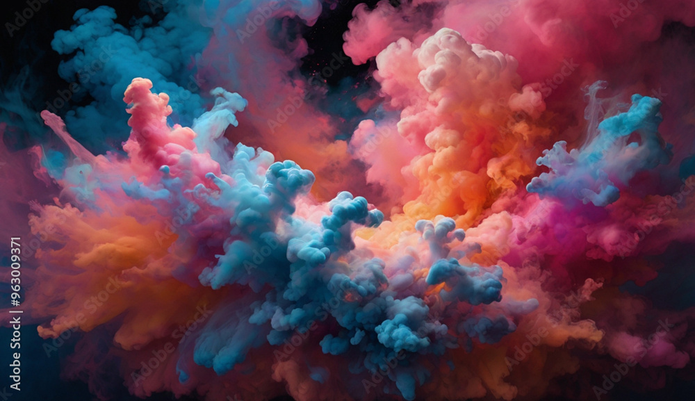 Vibrant clouds of colorful smoke in pink, blue, orange, and purple swirl and mix together against a dark background, creating a dynamic and dreamlike effect. Vibrant clouds of colorful smoke in pink, blue, orange, and purple swirl and mix together against a dark background, creating a dynamic and dreamlike effect.