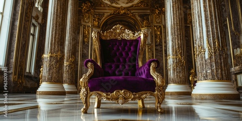 Gold and purple throne in a grand hall. photo