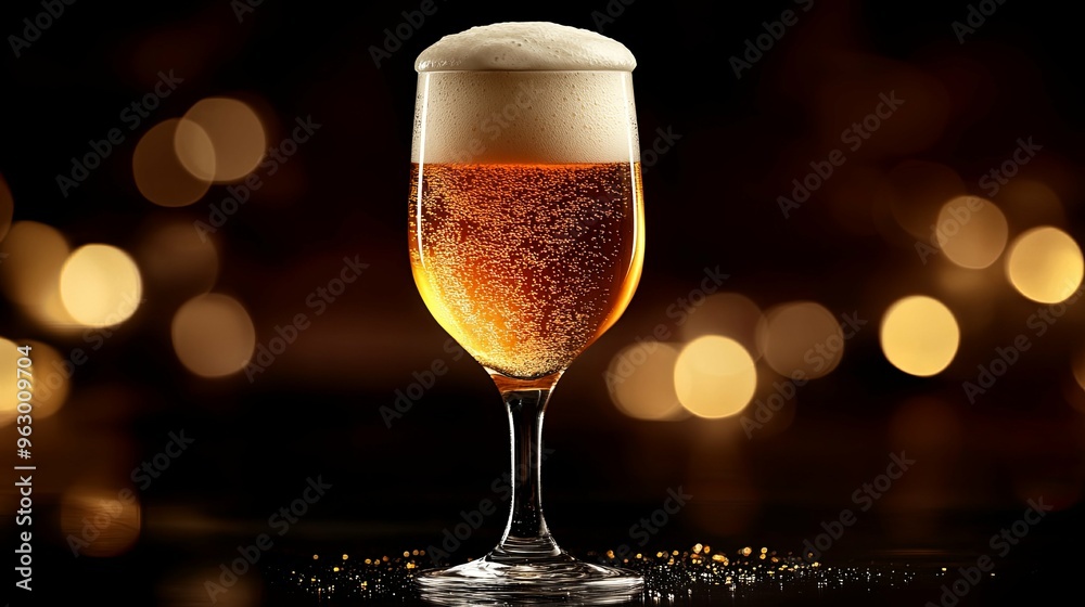 A Glass of Frothy Beer with Golden Bokeh Background A Glass of Frothy Beer with Golden Bokeh Background
