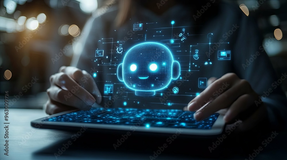 Person Interacting with a Digital Hologram of a Robot on a Tablet Person Interacting with a Digital Hologram of a Robot on a Tablet
