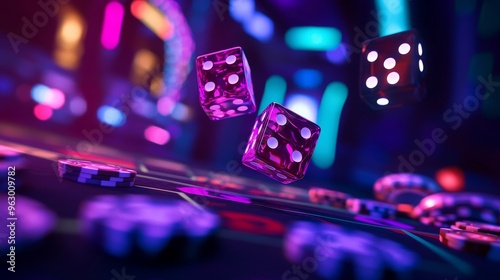 Casino dice and poker chips flying on a gambling table in neon lights