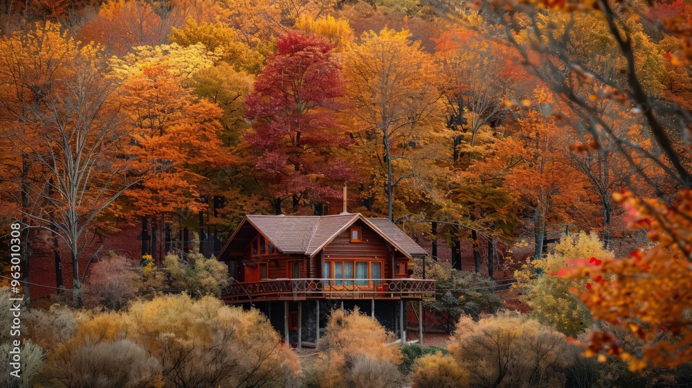 A picturesque fall setting with a cozy cabin nestled among trees in full autumn color
