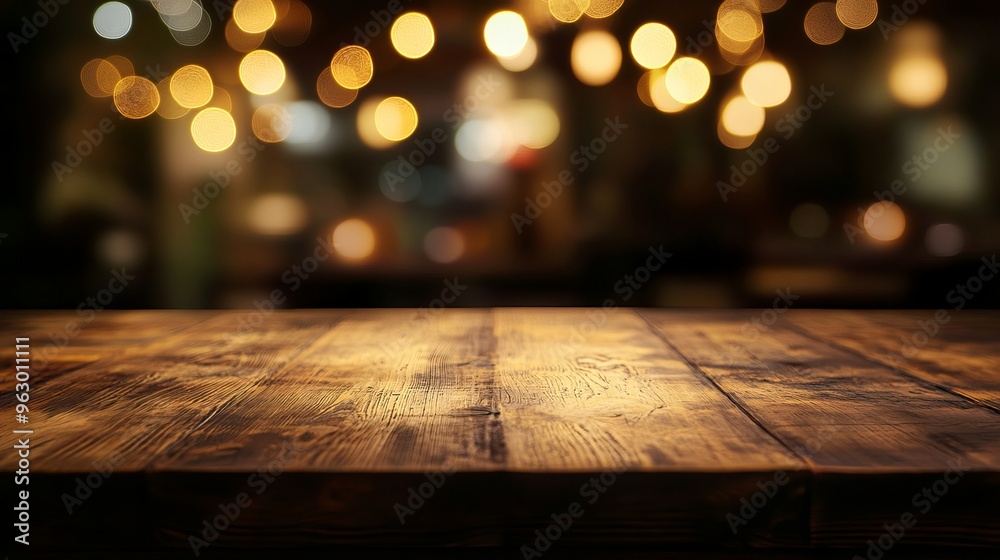 Empty wooden table top with blurred golden bokeh lights in the background of a cozy cafe restaurant, dark atmospheric setting perfect for showcasing food, drink, or product presentations in warm, invi Empty wooden table top with blurred golden bokeh lights in the background of a cozy cafe restaurant, dark atmospheric setting perfect for showcasing food, drink, or product presentations in warm, invi