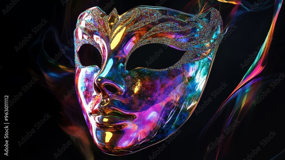 Naklejka premium Neon mask with reflective surfaces, symbolizing mystery and futuristic elegance