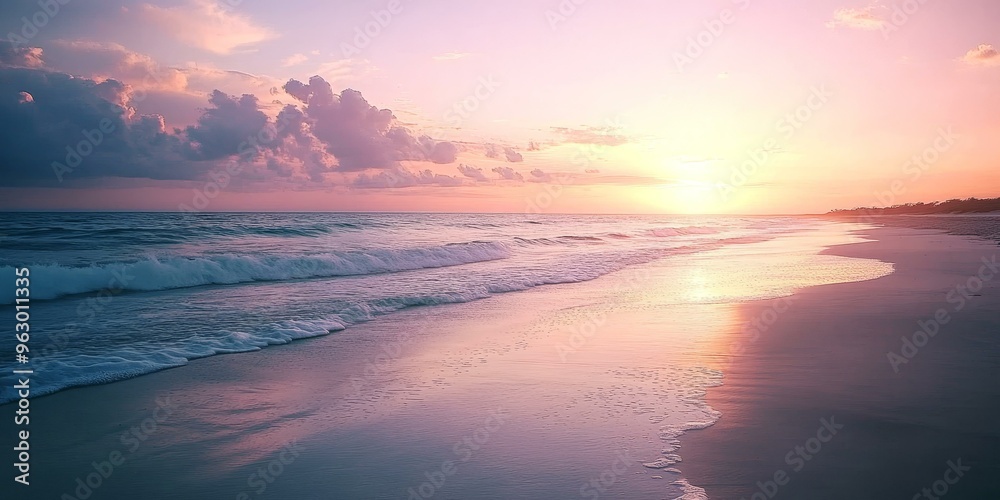 Fototapeta premium Pink sunset over calm ocean waves.