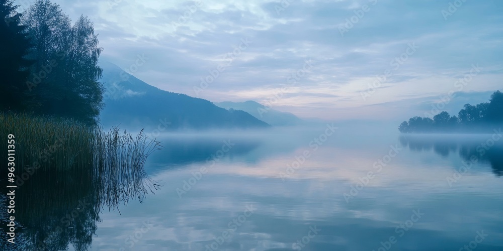 Fototapeta premium A serene lake with mist and mountains.