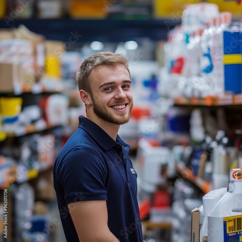 miling sales-consultant young man with dark blue polo shirt cheerfully serves a customer in a bright store of building materials