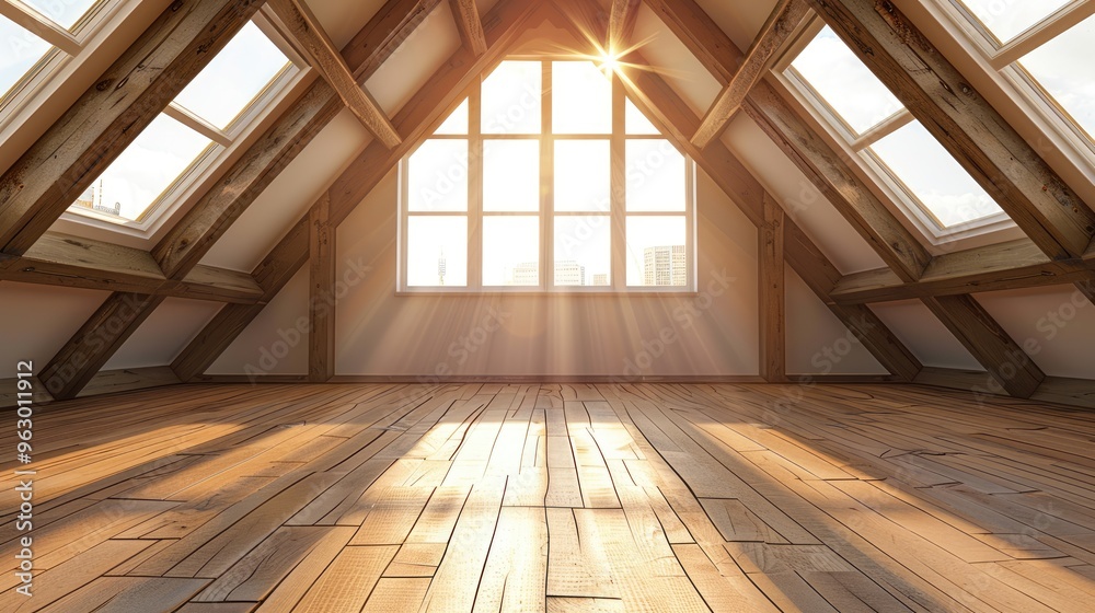 Empty room with wood flooring and skylights visible in attic loft window photo