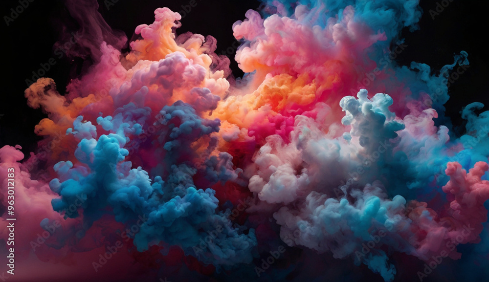 Vibrant clouds of colorful smoke in pink, blue, orange, and purple swirl and mix together against a dark background, creating a dynamic and dreamlike effect. Vibrant clouds of colorful smoke in pink, blue, orange, and purple swirl and mix together against a dark background, creating a dynamic and dreamlike effect.