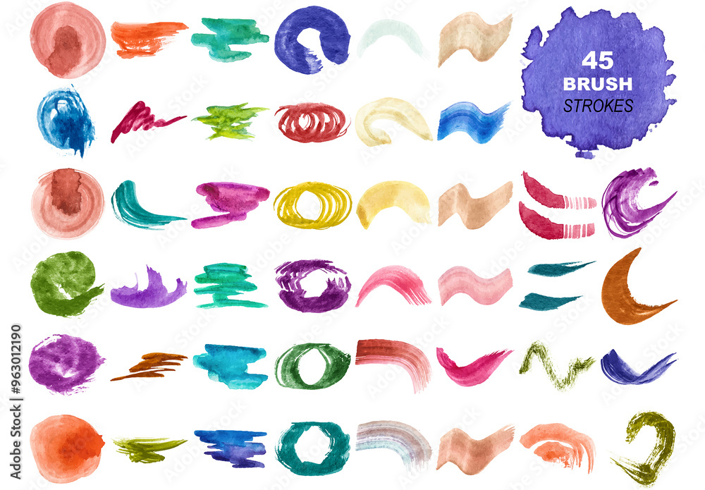 Vector collection of colorful watercolor brush strokes and splatters ...