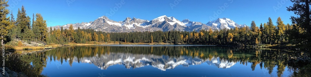 Snowcapped mountains reflected in lake with evergreen trees Snowcapped mountains reflected in lake with evergreen trees