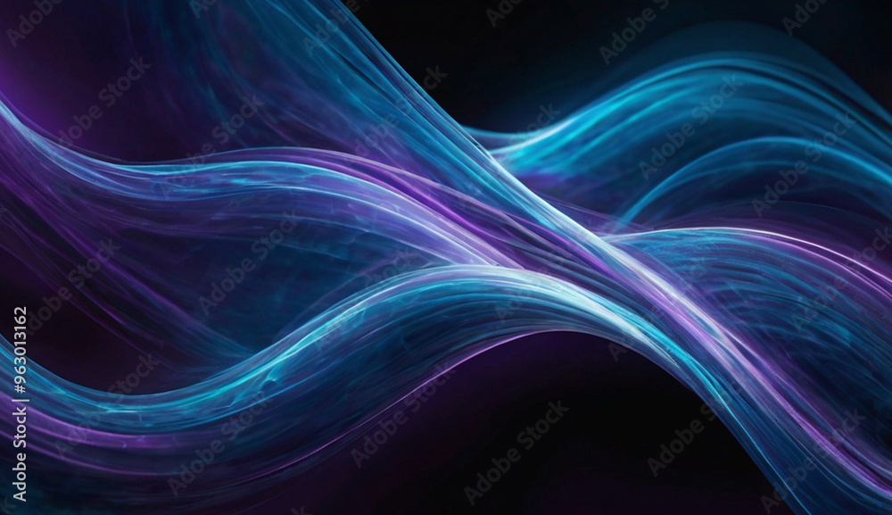 Naklejka premium Abstract waves of light in shades of blue and purple flow gracefully across a dark background, creating a sense of motion and ethereal beauty.