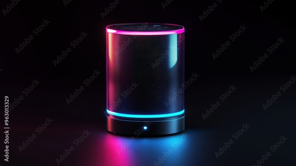 Cylindrical smart speaker with neon pink and blue accents, showcasing futuristic technology Cylindrical smart speaker with neon pink and blue accents, showcasing futuristic technology