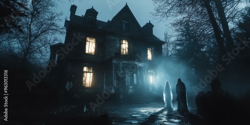 A ghostly figure stands before a haunted house. photo