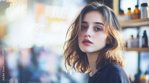 Portrait of young woman with natural makeup in a beauty product store