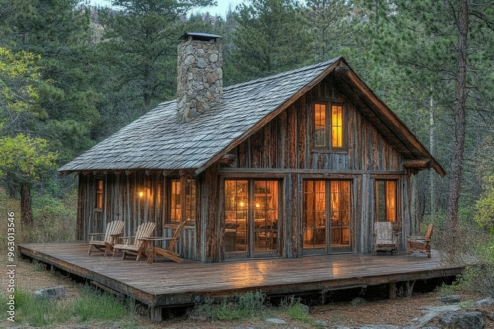 Cozy wooden cabin in a serene forest setting. Cozy wooden cabin in a serene forest setting.