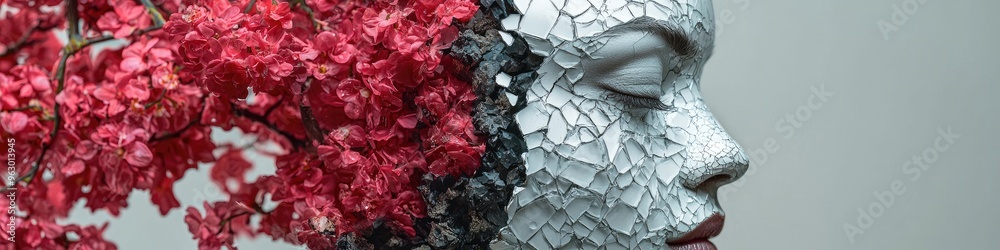 Half face covered in flowers half in shattered glass symbolizing beauty and fragility Half face covered in flowers half in shattered glass symbolizing beauty and fragility