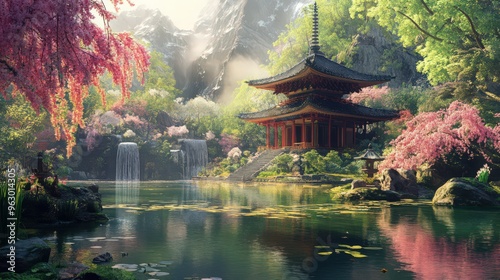 A temple surrounded by flowering gardens and tranquil water features, creating a peaceful and meditative atmosphere.