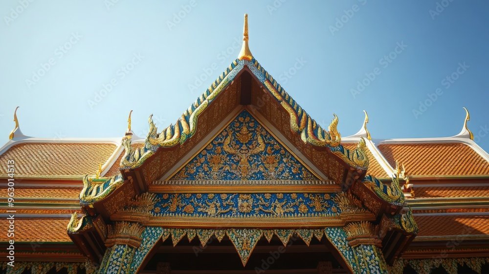 Naklejka premium ornate roof with intricate tile work and golden accents, standing out against a clear blue sky