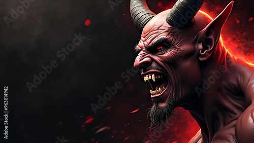 Angry devil profile with copy space for text - black background - yelling, shouting, screaming - god of evil - hell concept art - Leviathan, Astaroth, Mammon, Baal