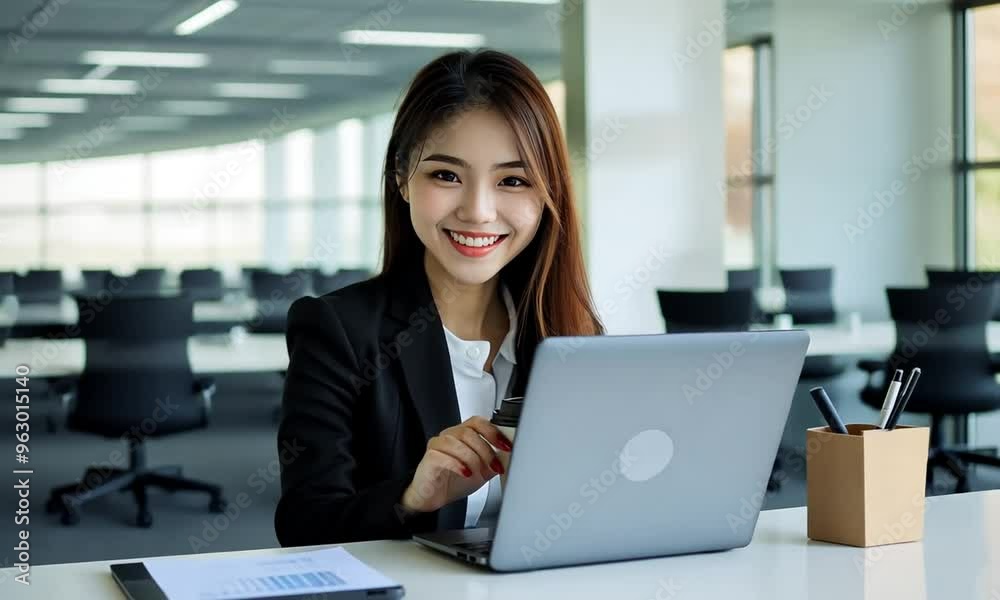 Charming Businesswoman Smiling as She Works in a Professional Setting Charming Businesswoman Smiling as She Works in a Professional Setting