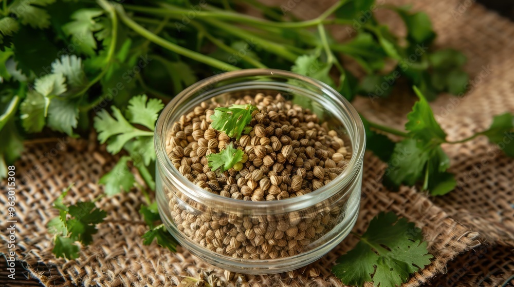 Coriander seeds in a jar with fresh cilantro leaves. Coriander seeds in a jar with fresh cilantro leaves.