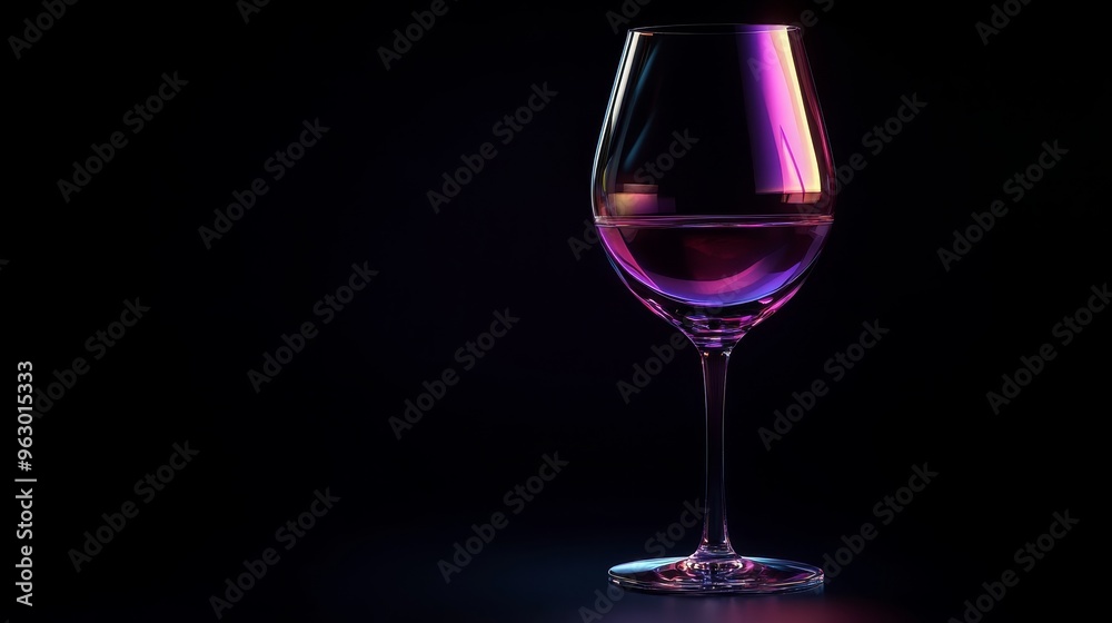 Wine glass and bottle with vibrant neon reflections on a dark background Wine glass and bottle with vibrant neon reflections on a dark background