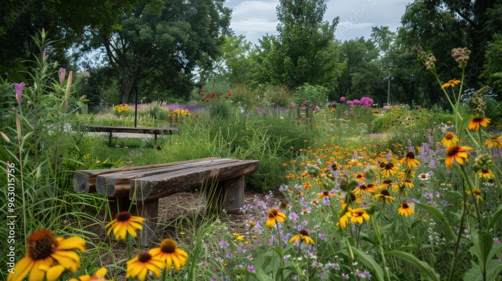A vibrant public garden featuring a mix of wildflowers, native plants, and rustic wooden benches, A vibrant public garden featuring a mix of wildflowers, native plants, and rustic wooden benches,