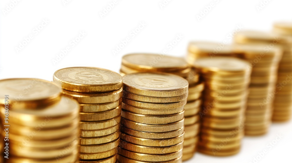Gold Coins Stacked in a Row on White Background Gold Coins Stacked in a Row on White Background