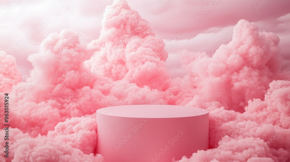A pink podium surrounded by soft clouds in a pastel pink atmosphere, creating a surreal, dreamy environment. A pink podium surrounded by soft clouds in a pastel pink atmosphere, creating a surreal, dreamy environment.
