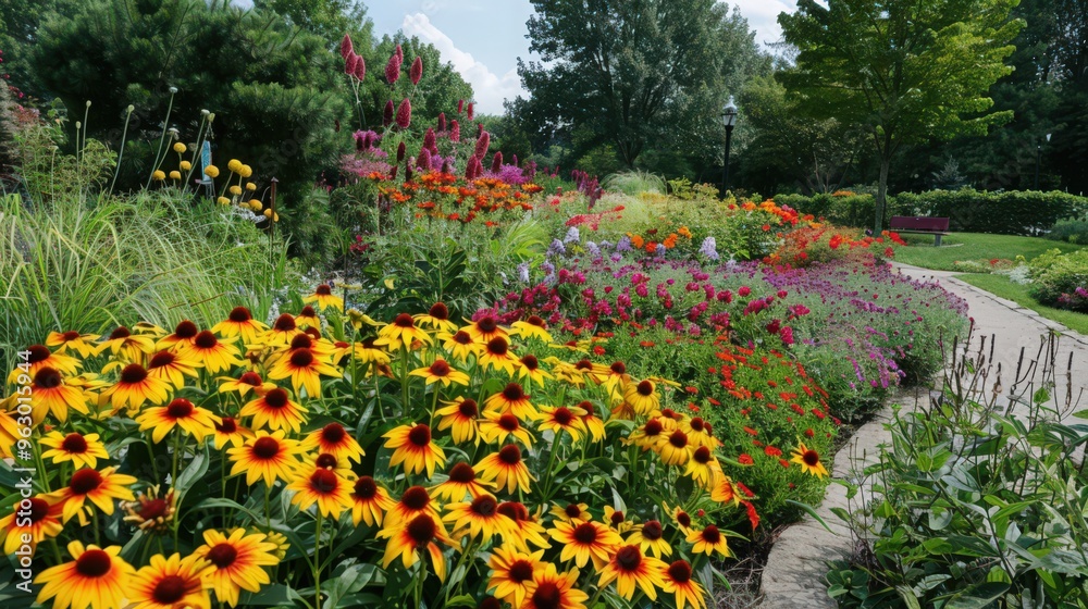 A vibrant public garden showcasing seasonal flowers, butterfly-friendly plants, and a well-maintained walking path for leisurely strolls A vibrant public garden showcasing seasonal flowers, butterfly-friendly plants, and a well-maintained walking path for leisurely strolls