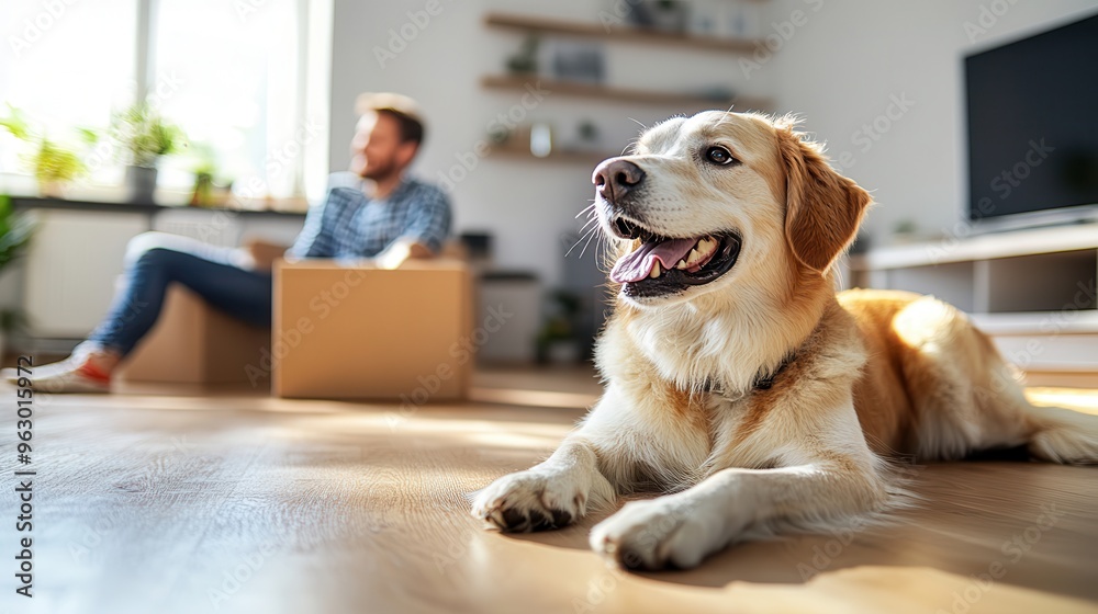 Happy Family Moving In Dog Exploring New Home with Boxes, Natural Light, and Space for Text Happy Family Moving In Dog Exploring New Home with Boxes, Natural Light, and Space for Text