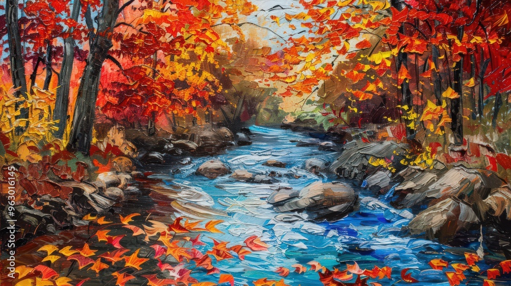A vibrant stream in the heart of autumn, with colorful fallen leaves floating on the surface and a canopy of red and orange trees overhead.