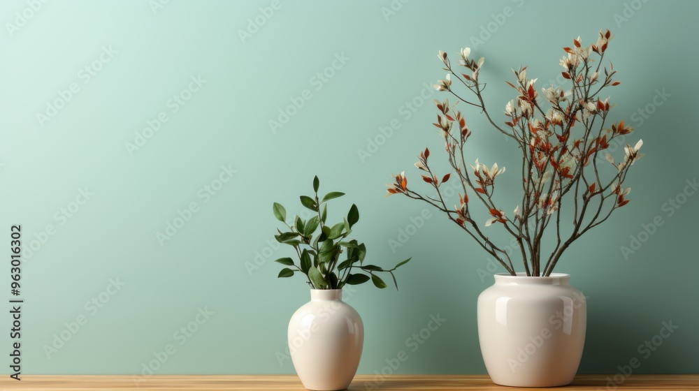 Flowers in white vase on wooden table and green wall background Flowers in white vase on wooden table and green wall background