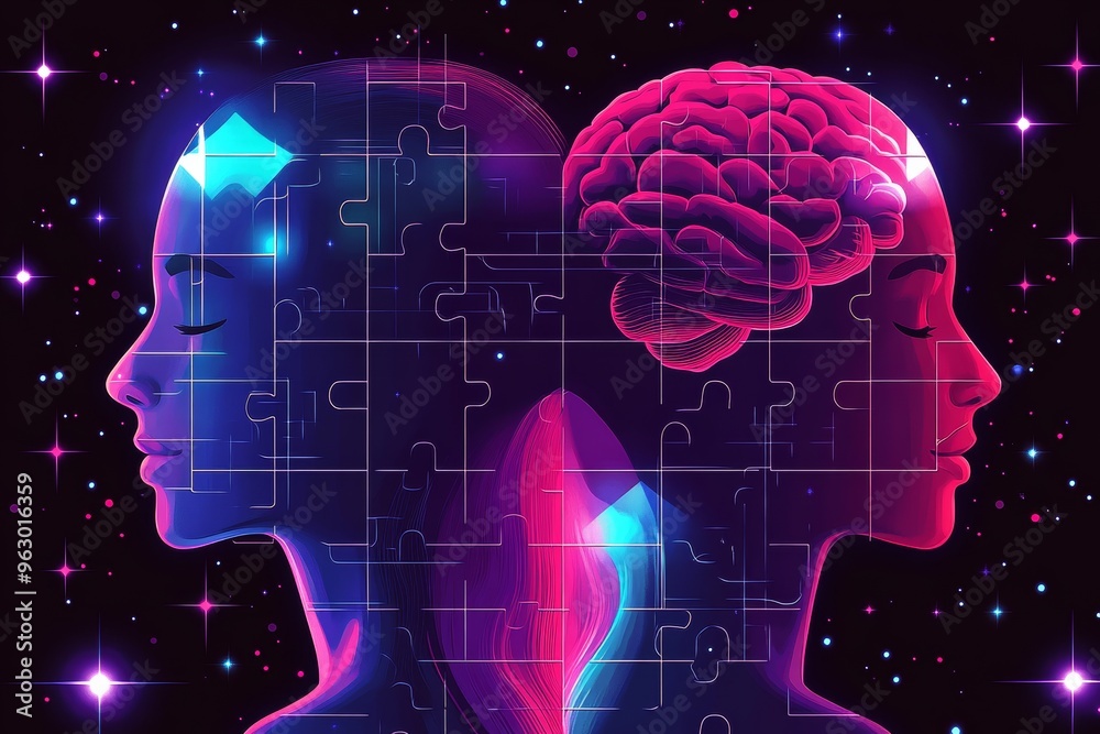 Neuronal endurance Group cohesion Neon style illustration of two profiles with puzzle brains representing teamwork problem solving and the complexity of human thought Neuronal endurance Group cohesion Neon style illustration of two profiles with puzzle brains representing teamwork problem solving and the complexity of human thought