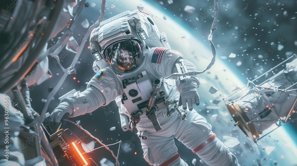 A visual of a spaceman repairing a satellite in orbit, demonstrating the crucial maintenance tasks performed in space. A visual of a spaceman repairing a satellite in orbit, demonstrating the crucial maintenance tasks performed in space.