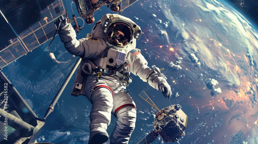 A visual of a spaceman repairing a satellite in orbit, demonstrating the crucial maintenance tasks performed in space. A visual of a spaceman repairing a satellite in orbit, demonstrating the crucial maintenance tasks performed in space.