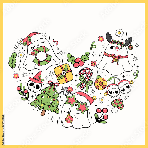 Retro Groovy Christmas Ghost Heart Shape Halloween Xmas Sublimation printable